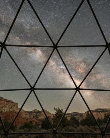 Milky Way galaxy visible through geodesic dome window with desert landscape and trees below
