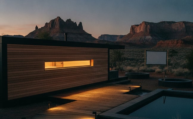Modern wooden cabin with lit interior and deck overlooking desert landscape with red rock formations at dusk
